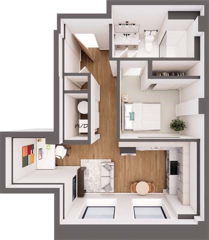 Floor plan for 1 bed, 1 bath, 585 sqft
